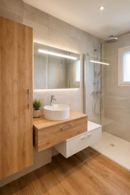 Meuble vasque installé dans une salle de bains rénovée